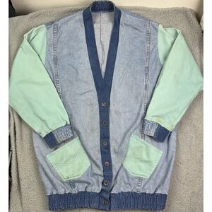 Vintage Denim Cardigan V‎ Neck Long Sleeve Sweater Button Granny Core Blue Shirt